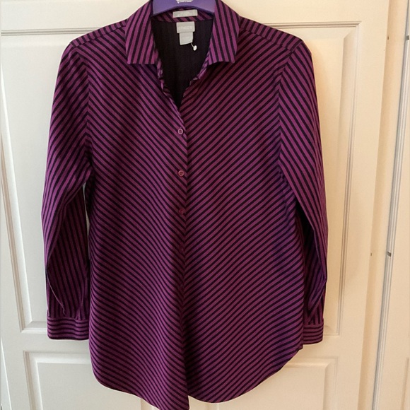 Chico’s Blue/Black and Purple Stripe Button  Down Long Sleeve Blouse Size-1 (12) - Picture 1 of 8